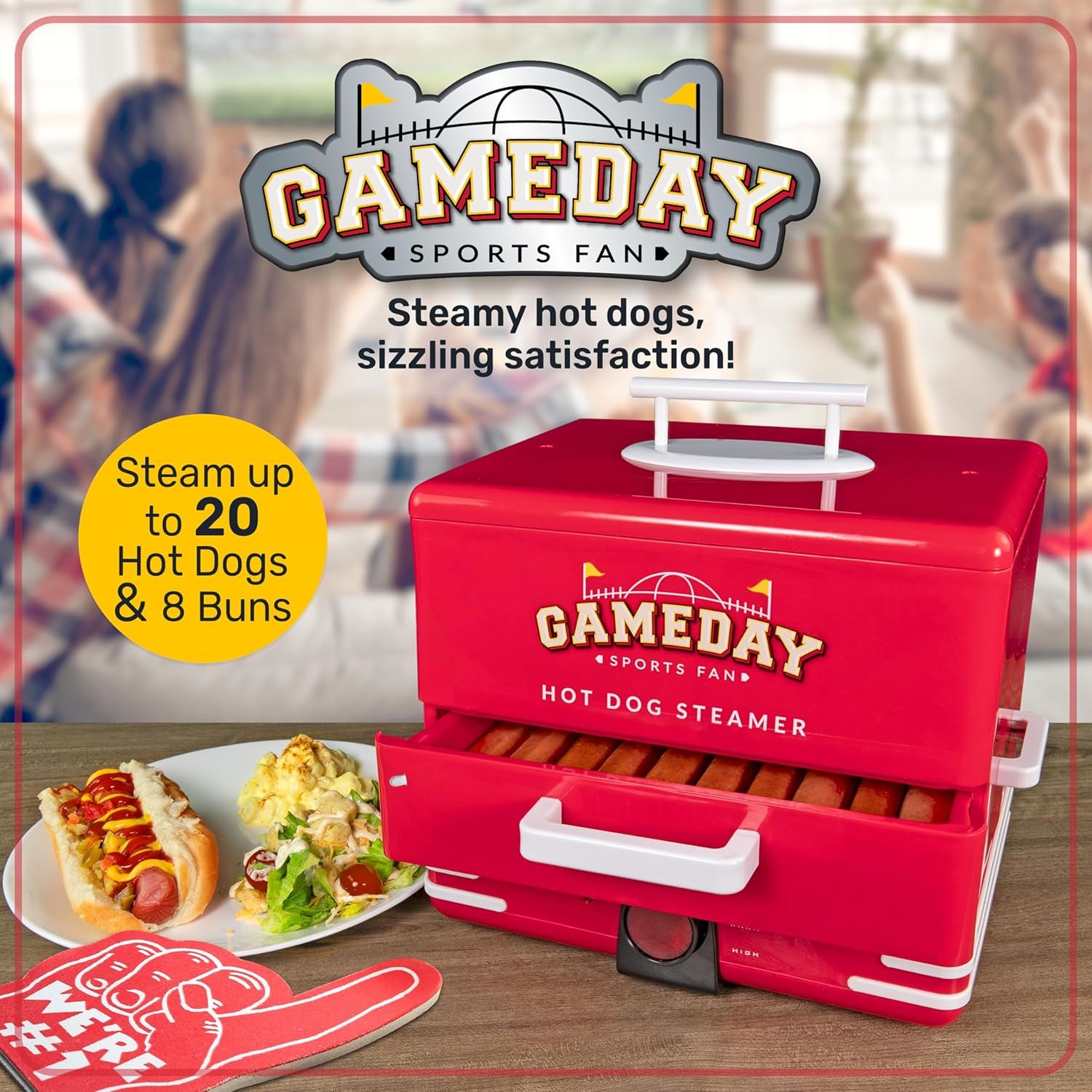 Nostalgia, Game Day Hot Dog Steamer and Bun Warmer, Fits 20 Dogs and 8 Buns, Steams Pot Stickers, Veggies, Potatoes, and Other Appetizers or Toppings