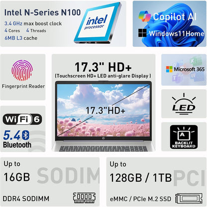 HP 17.3" Touchscreen Laptop W/Microsoft 365, 8GB RAM, 128GB SSD, Webcam W/Shutter, Fingerprint Reader, Backlit Keyboard, Microsoft Copilot Key, Intel Quad-Core CPU, Win11, Lavender