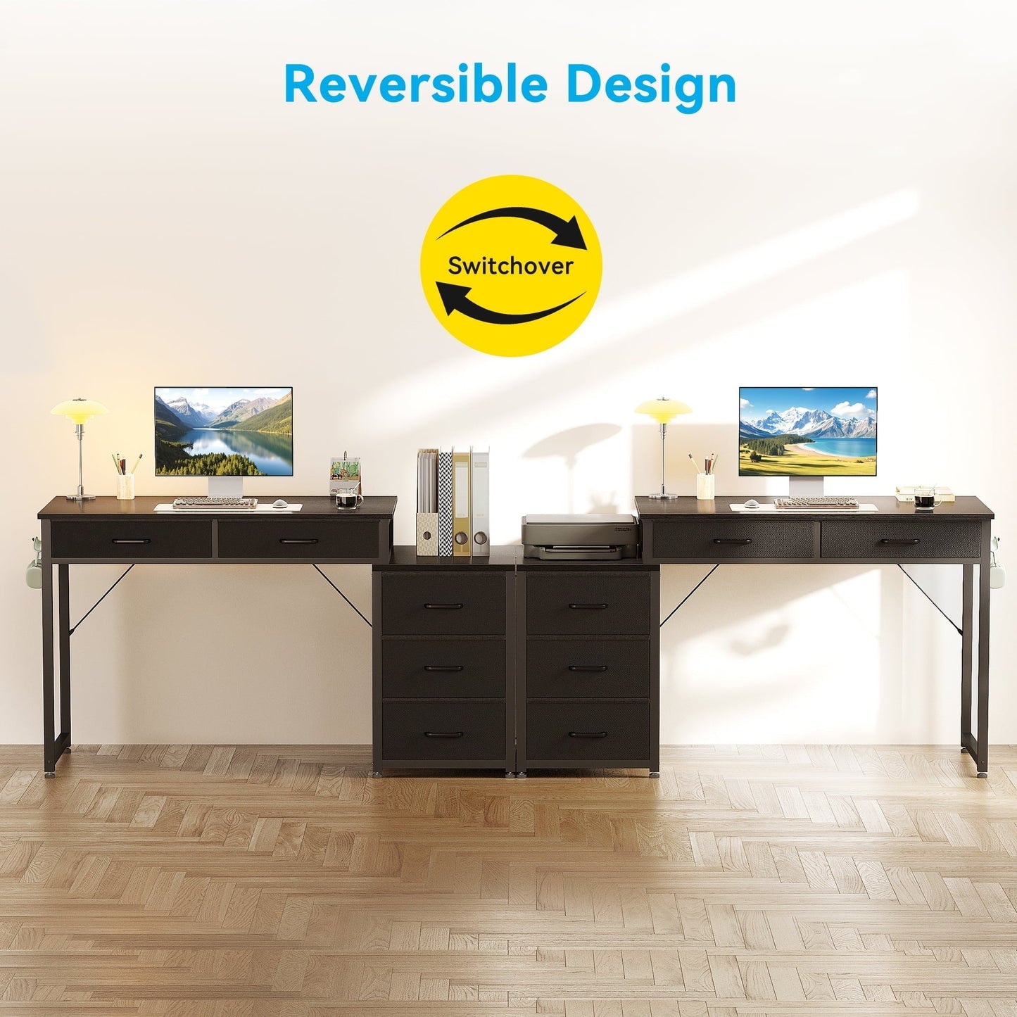 Computer Desk with 5 Drawers, Reversible Home Office Desks with Printer Stand, Study Writing Table Workstation for Small Spaces, Black