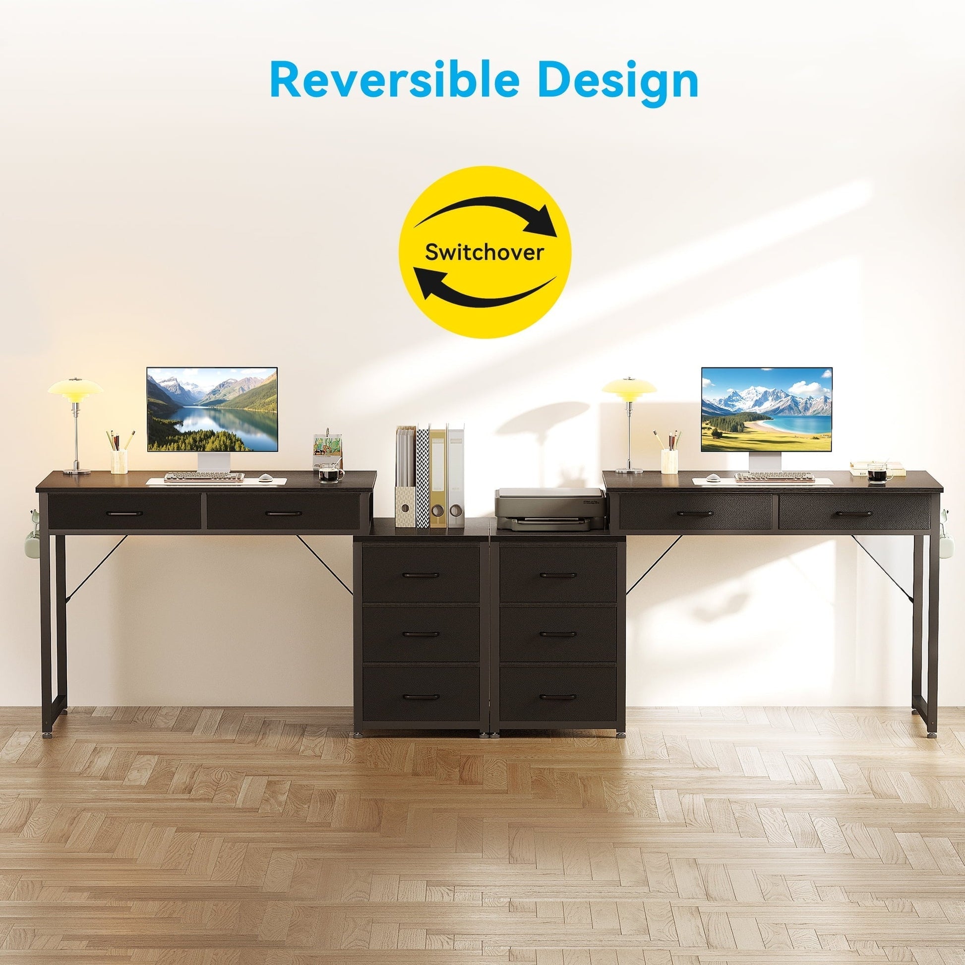 Computer Desk with 5 Drawers, Reversible Home Office Desks with Printer Stand, Study Writing Table Workstation for Small Spaces, Black