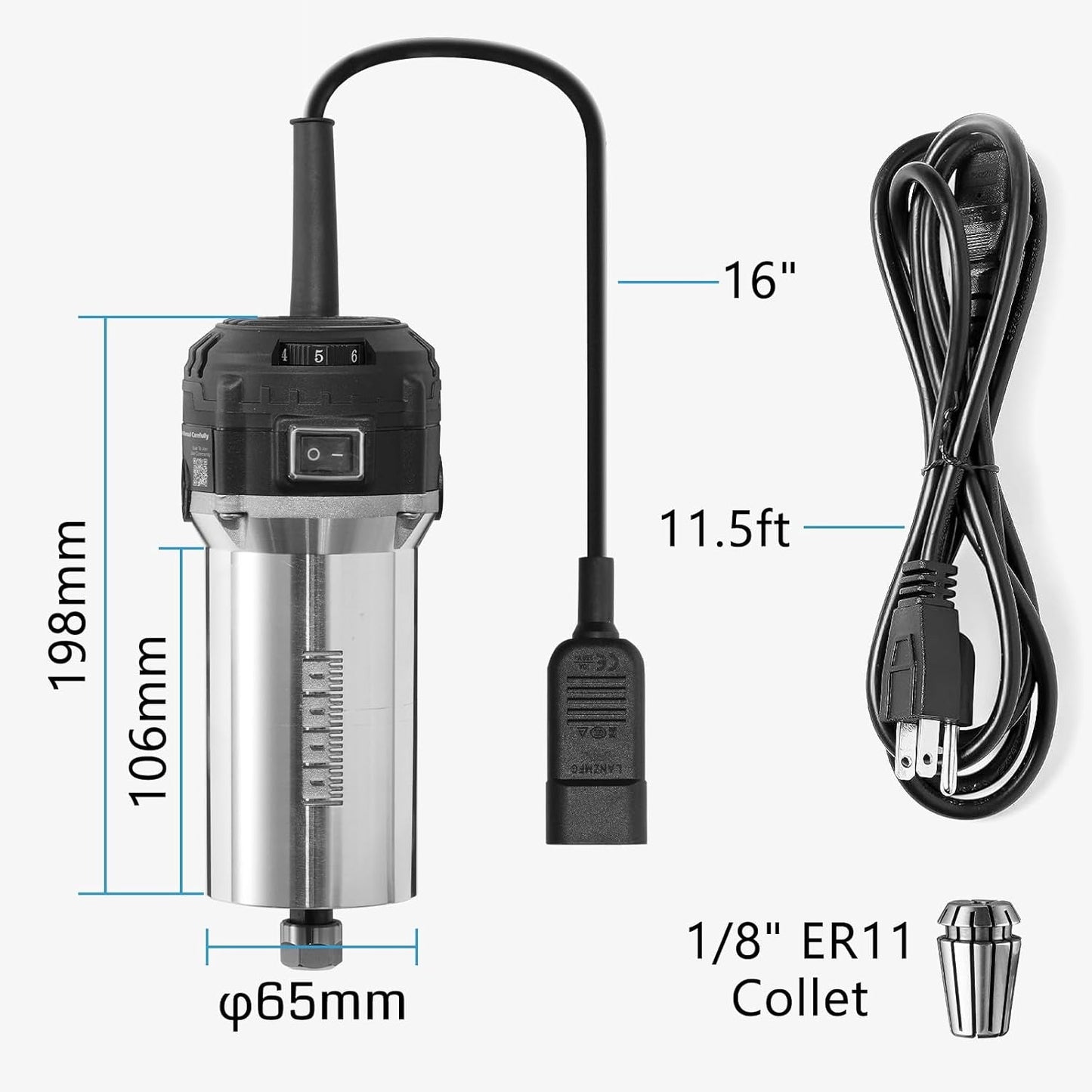 Genmitsu 710W Compact Router 65Mm Diameter, 6 Variable Speeds Palm Trimmer Router, with ER11 Collet & 4 Carbon Brushes, Spindle Motor Upgrade for CNC Machines