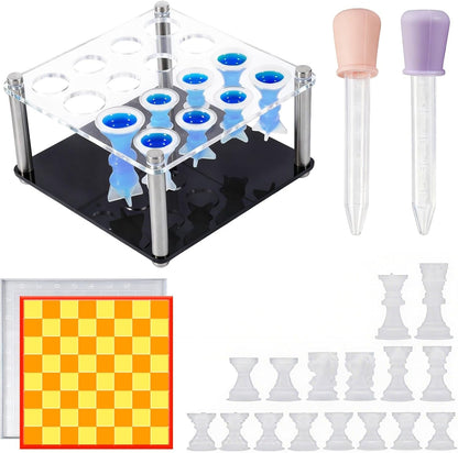 Resin Chess Set Mold with 1Pack Chess Piece Holder, 16 Pieces Full Size 3D Silicone Chess Molds 1 Chessboard Mold for Epoxy Resin Casting, DIY Chess Board Game and Home Decoration Family Party
