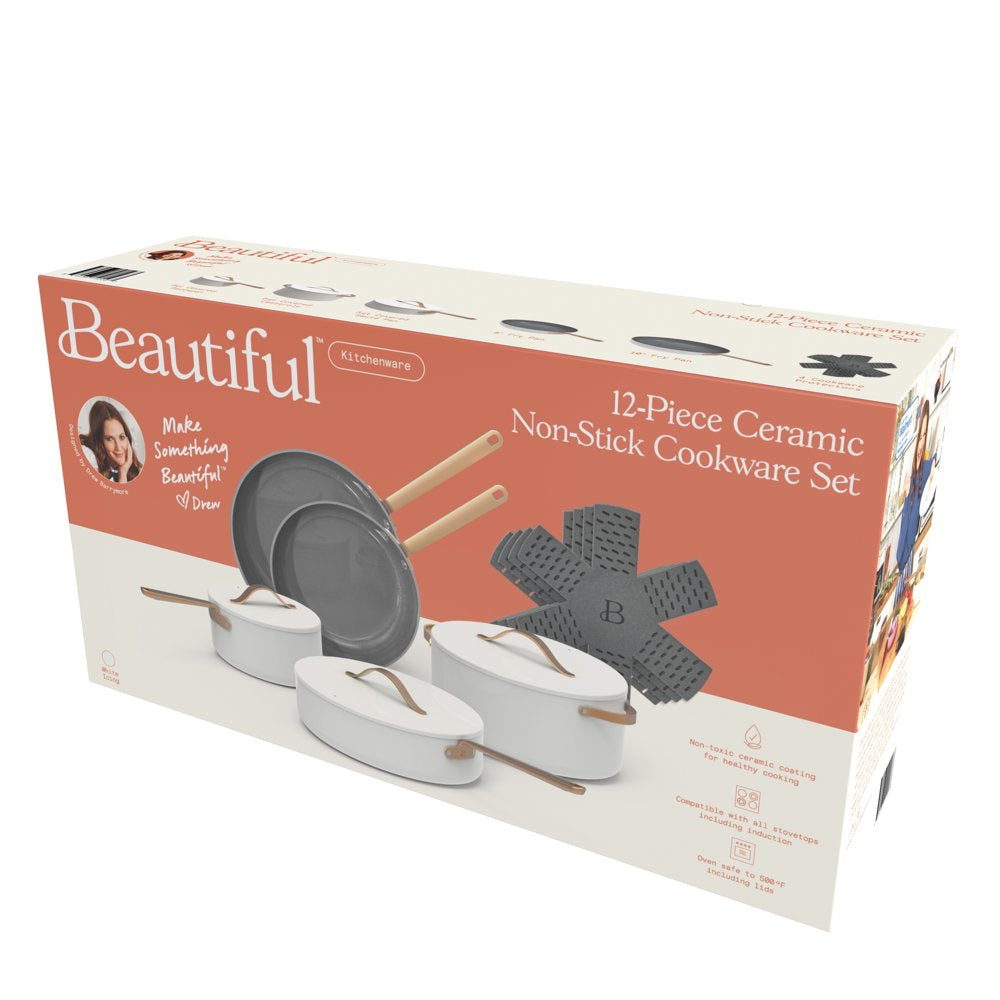 12Pc Ceramic Non-Stick Cookware Set, White Icing by Drew Barrymore