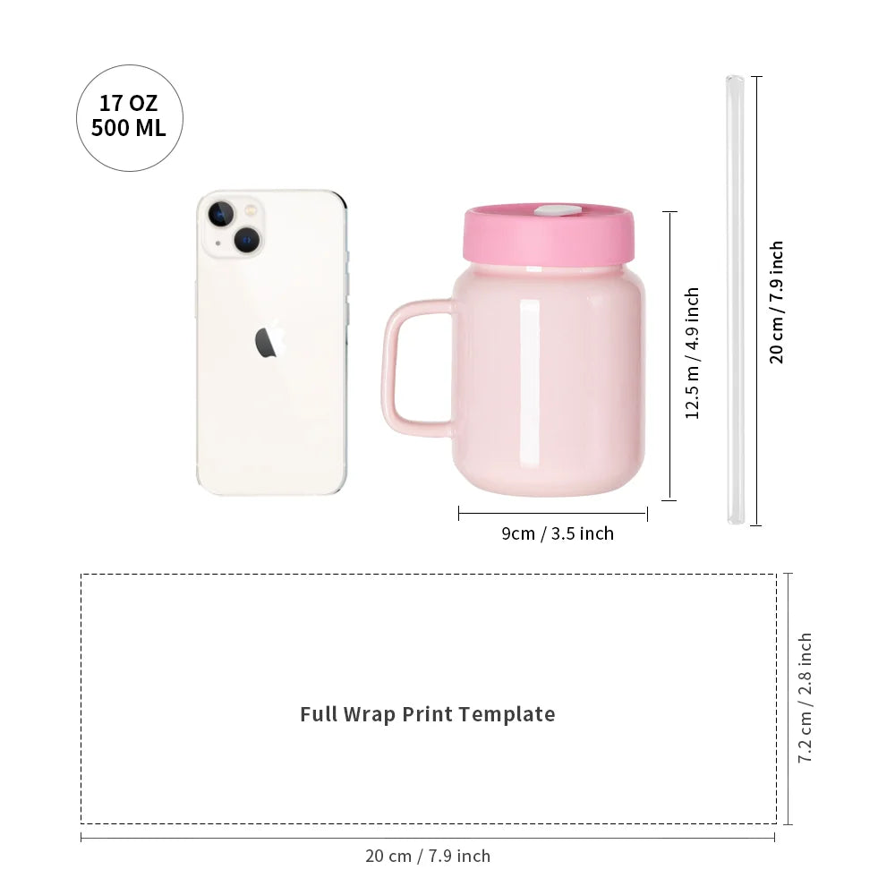 Sublimation Ceramic Mason Jar Full Color with Handle, Silicon Lid and Glass Straw 17 OZ 4 Pack (3 Color Options)