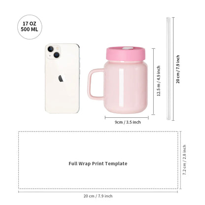 Sublimation Ceramic Mason Jar Full Color with Handle, Silicon Lid and Glass Straw 17 OZ 4 Pack (3 Color Options)