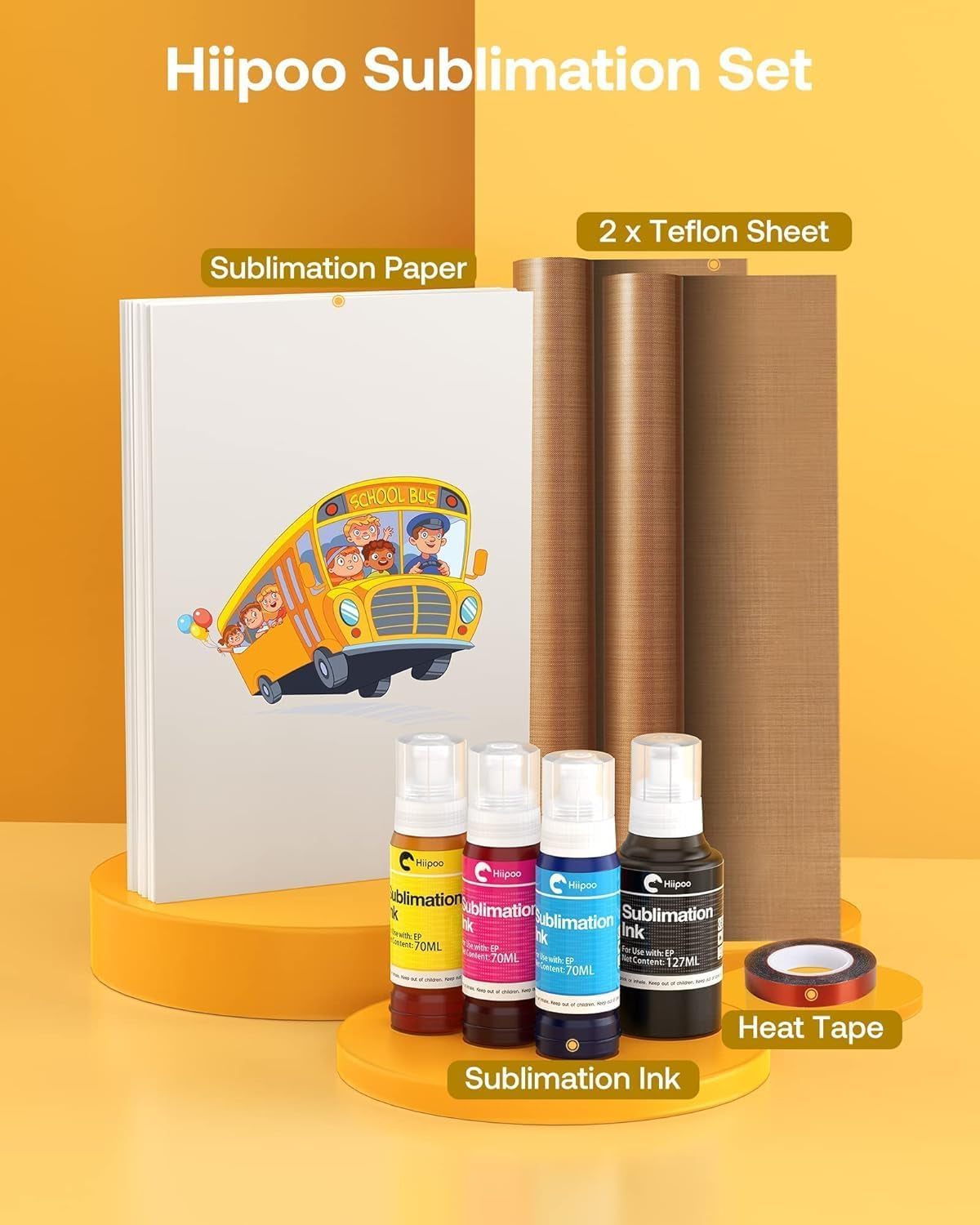 Hiipoo Sublimation Ink Set with 110 Sheet Sublimation Paper 8.5X11” 120G, 2 Pack Teflon Sheet, Heat Tape Compatible for Inkjet Printer ET-2720 ET-2760 ET-2800 ET-2803 ET-2400 ET-4700 ET-4800 ET-15000