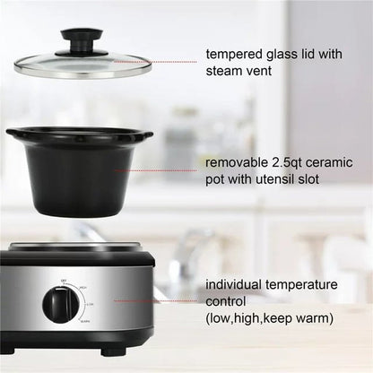 Dual Pot Slow Cooker 2X1.25 Qt Food Warmer with Adjustable Temp Slow Cooker Buffet Server Stainless Steel