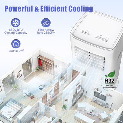8500 BTU Portable Air Conditioners, 4 In1 Air Conditioner with Remote Control,Portable AC Cooling Range up to 360 Sq.Ft, Windows Kit,Brush,White