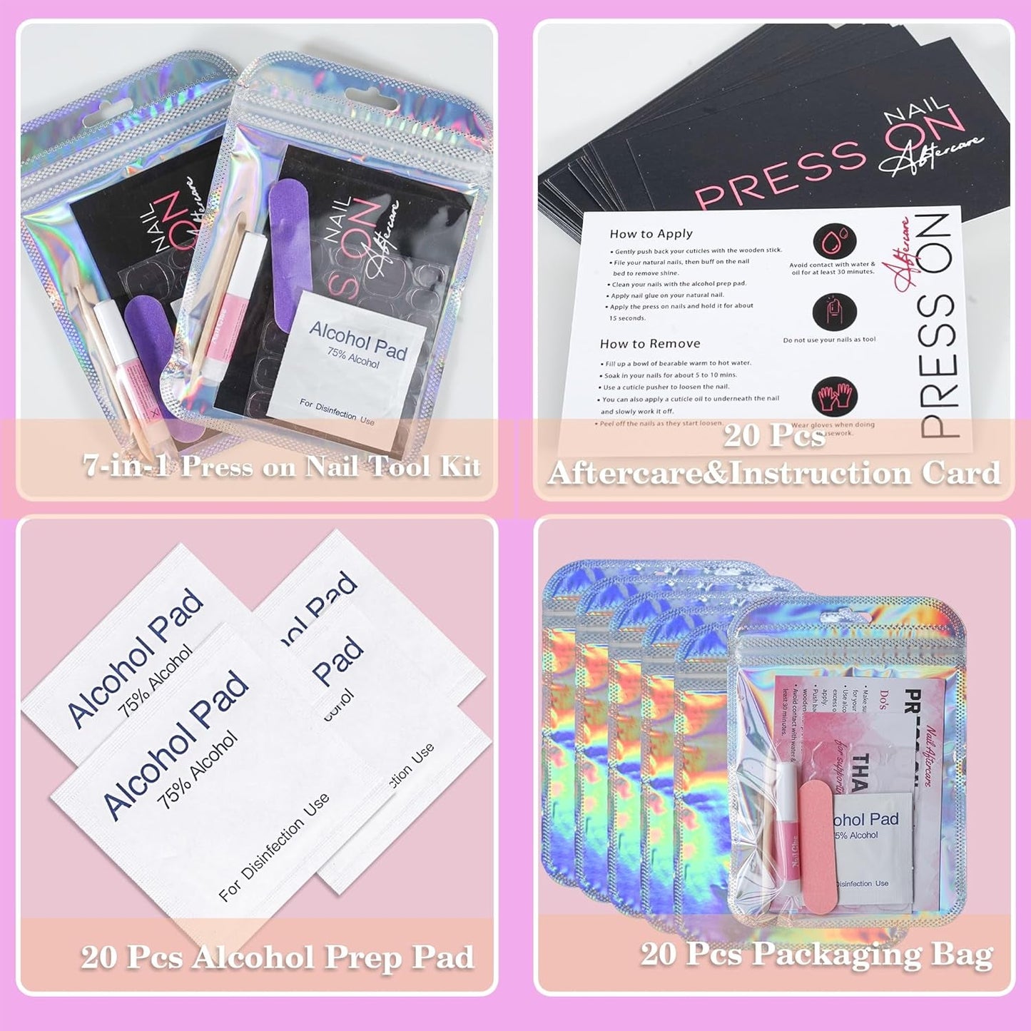 Press on Nail Tool Kit for Nail Business, Nail Prep Application Disposable Kit with Nail File, Nail Glue, Prep Pads, Instruction Card, Adhesive Nail Tabs, Wood Stick, Holographic Bag (20Pcs in Purple)