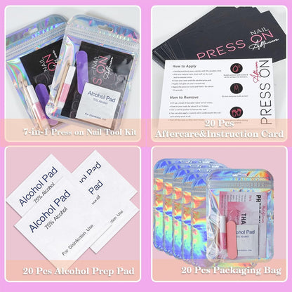Press on Nail Tool Kit for Nail Business, Nail Prep Application Disposable Kit with Nail File, Nail Glue, Prep Pads, Instruction Card, Adhesive Nail Tabs, Wood Stick, Holographic Bag (20Pcs in Purple)