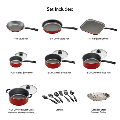 Primaware 18 Piece Non-Stick Cookware Set, Red