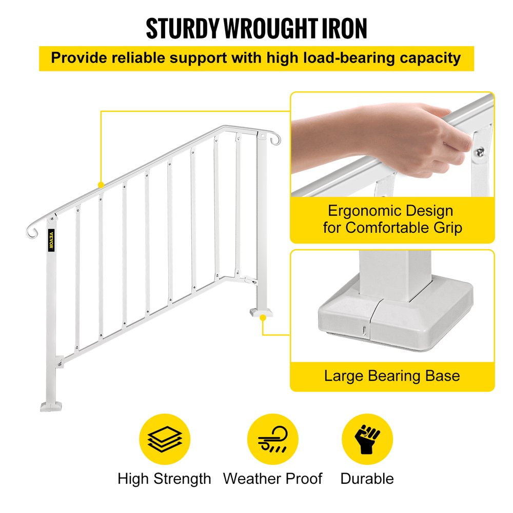 brand Handrail Picket #3 Fits 3 or 4 Steps Stair Rail Height Adjustable Wrought Iron Handrail with Installation Kit Hand Rails for Outdoor/Indoor Steps， Matte White