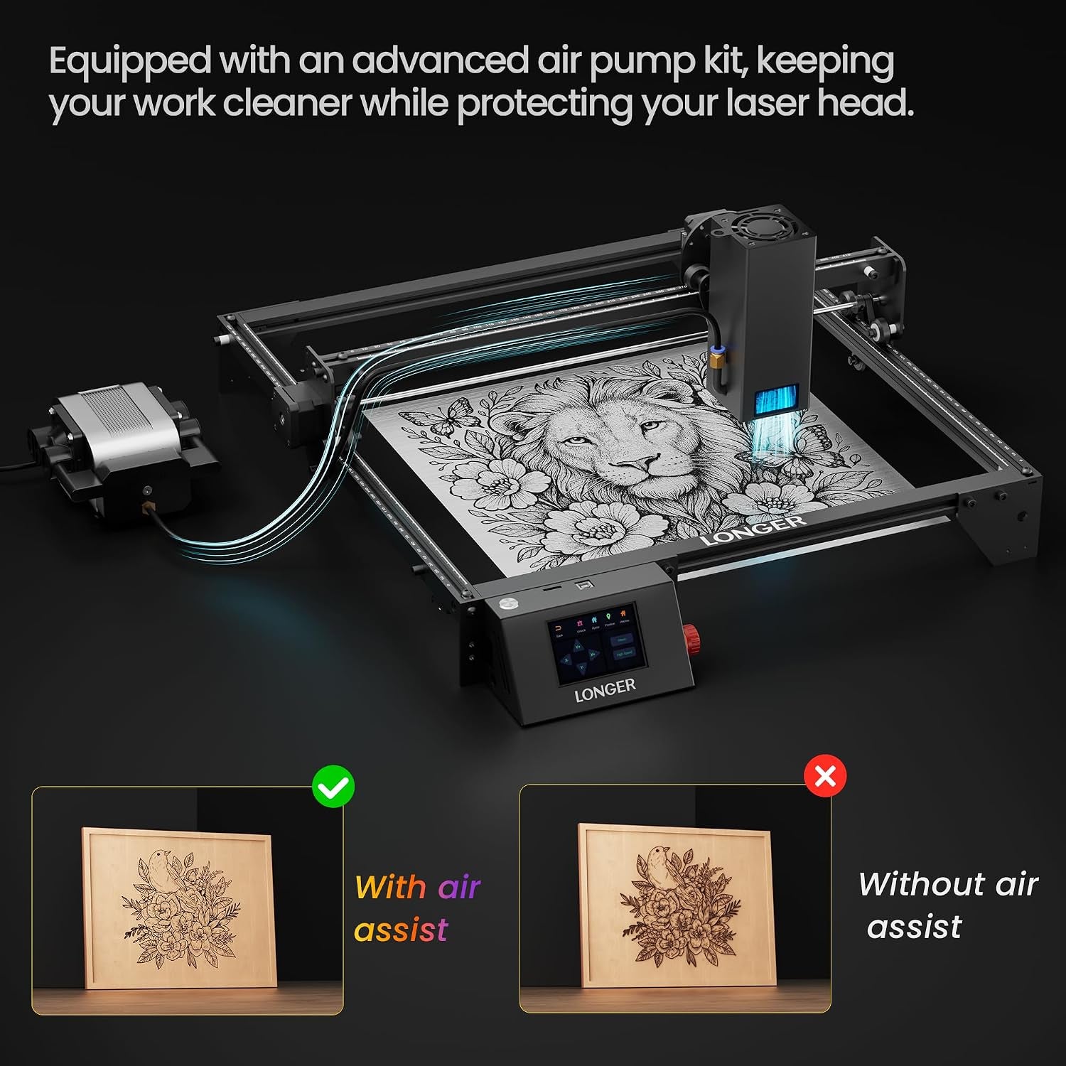 LONGER Laser Engraver Ray5 20000Mw Engraver Machine with Air Assist Kit DIY CNC Laser Cutter Tool for Metal Glass Wood Working Area 15.7 "X15.7" with 4-In-1 Rotary Roller Kit