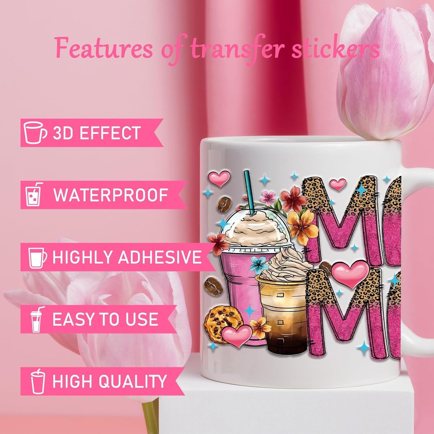 Mama UVDTF Cup Wrap - 8 Sheets Mom UV DTF Wraps for 16 Oz, Leopard Print UV DTF Stickers for Water Botters Glass Cups, Pink Coffee Bow Rub on Transfer Decals for Women