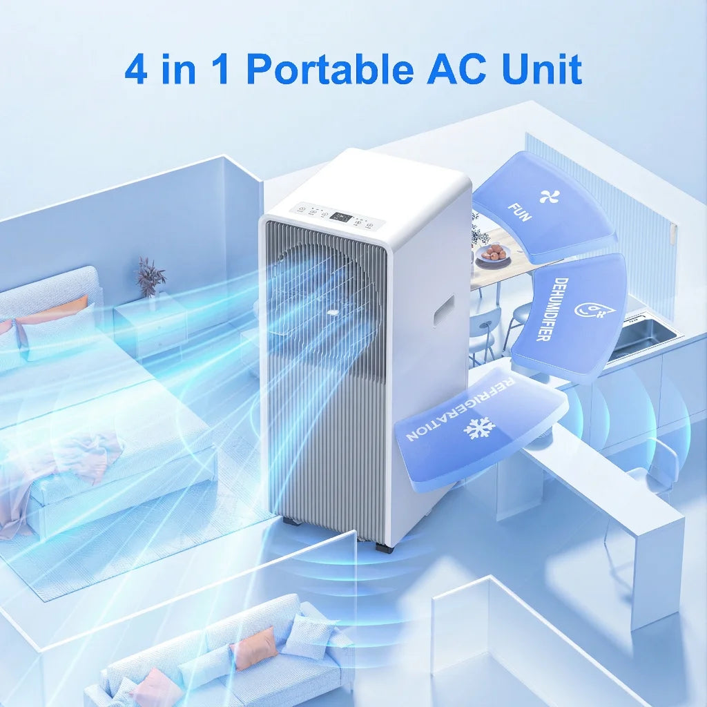 Portable Air Conditioners 14,000 BTU for Rooms up to 700 Sq.Ft. Portable AC, Dehumidifier, 24H Timer, Sleep Mode & Water Level Indication, Remote Control & Window Kit, White & Grey