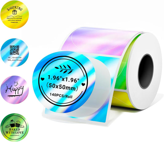 Phomemo 2 Inch Circle Thermal Labels,Holographic Thermal Stickers for M110/M100/M220/M108/M221 Label Makers, Self-Adhesive Thermal Paper for Logo, Candle, Baking,Canning, Small Business, 140Pcs/Roll