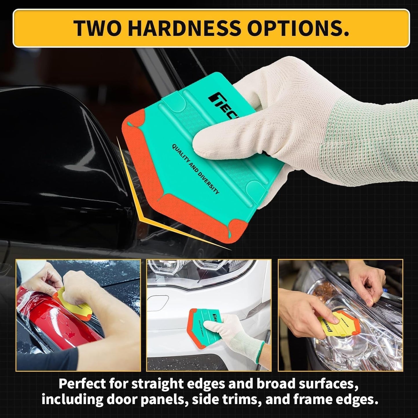 Felt Squeegee for Vinyl Wrap,Dual-Corner Design, Twin Ribs for Grip, 2 Hardness Levels (Soft/Medium), V-Shape for PPF, Chrome & Tint, Yellow 40A / Blue 50A