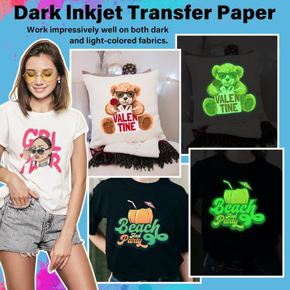 Printable Heat Transfer Paper for T-Shirts 10 Sheets, 8.3" X 11.7" Printable Heat Transfer Vinyl for Inkjet Printer, Iron on Transfer Paper for Light and Dark Fabric (Glow in Dark)