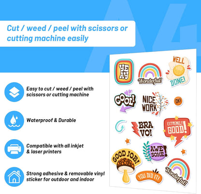 Printable Vinyl Sticker Paper for Inkjet Printer, Glossy White Inkjet Printable Sticker Paper, 8.26" X 11.69" A4 Size for Craft Cutter, Scrap-Booking, Home Decor, 28 Sheets/Pack