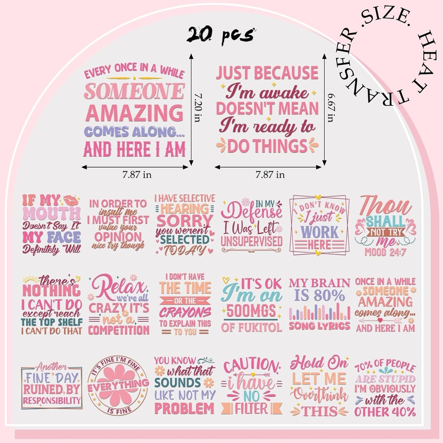 Sarcastic Quotes DTF Transfers Ready to Press - 20 Sheets Pink Iron on Transfers Iron on Decals Vinyl Design for Clothing Pillow Backpack Hoodie Hat Bag DIY Costume Craft