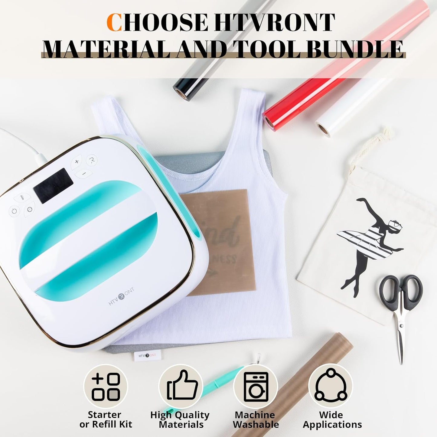 Heat Press Accessories for 10" X 10" Heat Press Machine, Include 3 HTV Vinyl & 150 Sublimation Paper, 20 Heat Transfer Paper, Heat Press Mat, Teflon Sheet, Heat Resistant Tape, Weeding Tools