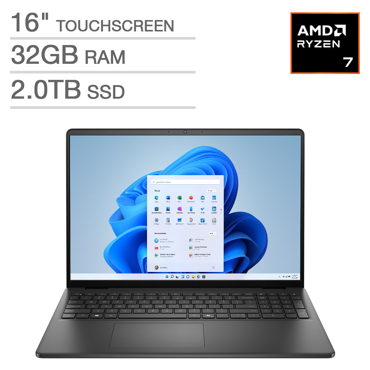 Dell 16" Laptop - AMD Ryzen 7 250 - FHD+ (1920 X 1200) Touchscreen - 32GB RAM - 2TB SSD - Windows 11 Home
