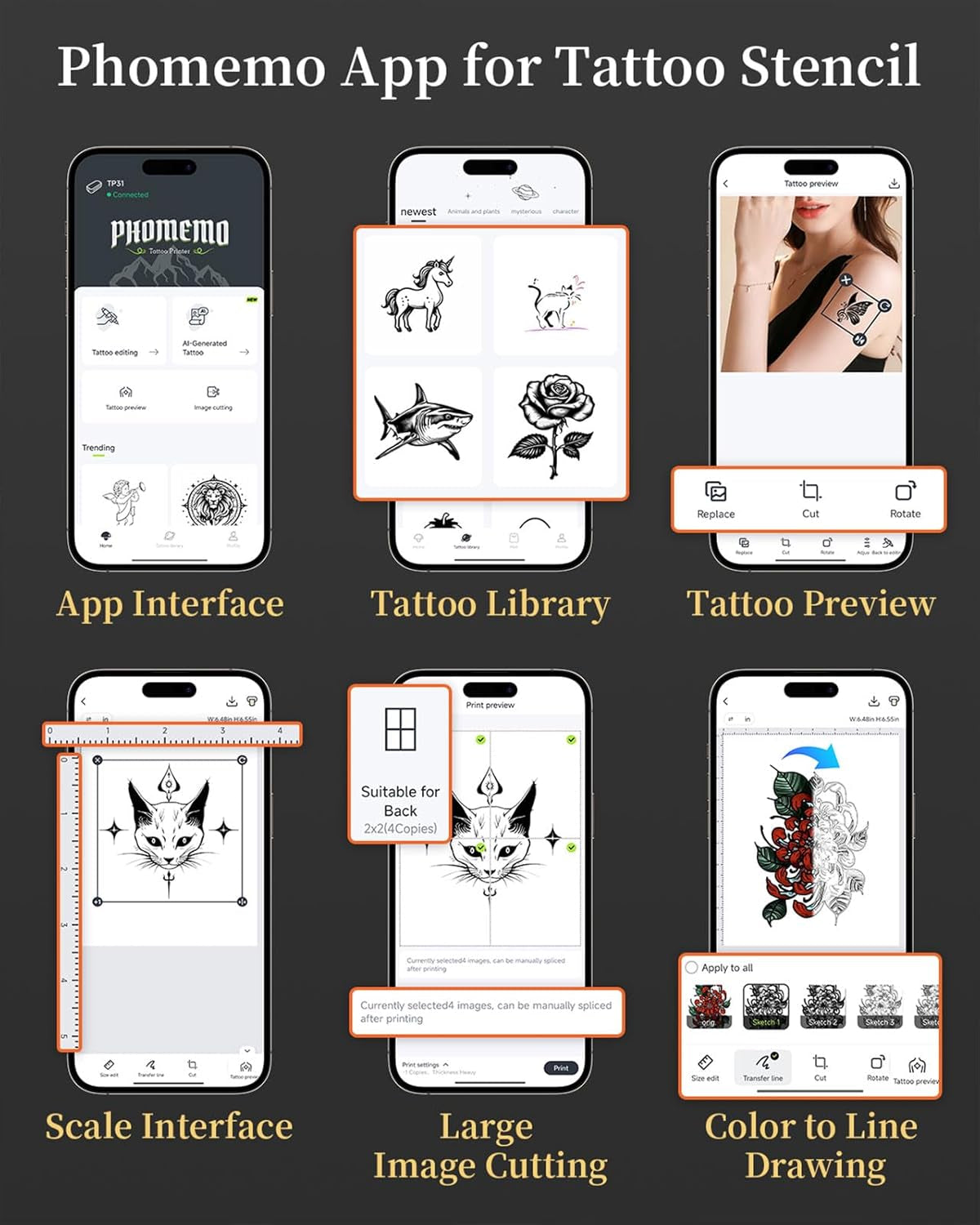 Phomemo TP31 Wireless Tattoo Stencil Printer with 30Pcs Transfer Paper, Compatible with Phone & Tablet, Bluetooth Mini Thermal Tattoo Printer Machine for Tattoo Artists & Beginners, 3 Inch, Black