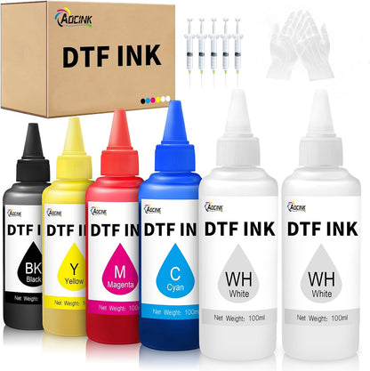 DTF Ink 600ML, Premium DTF Printer Ink, 6X100Ml Refill for ET-8550 XP15000 L1800, R1390 R2400, DTF Transfer Ink for PET Film (100Ml X 6, 2 Wh+Cmyk)
