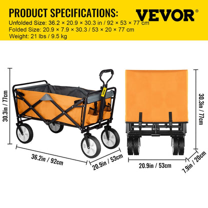 brand Collapsible Wagon Cart ,Folding Wagon Cart , 176 Lbs Load Beach Wagon Oversized Wheels, Portable Folding Wagon Adjustable Handles for Beach, Garden, Sports, Camping, Orange & Gray