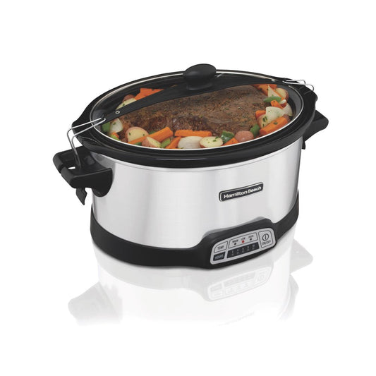 Programmable Stay or Go Slow Cooker, 7 Quart Capacity, Lid Lock for Portability, Dishwasher Safe Removable Crock, Silver 33576