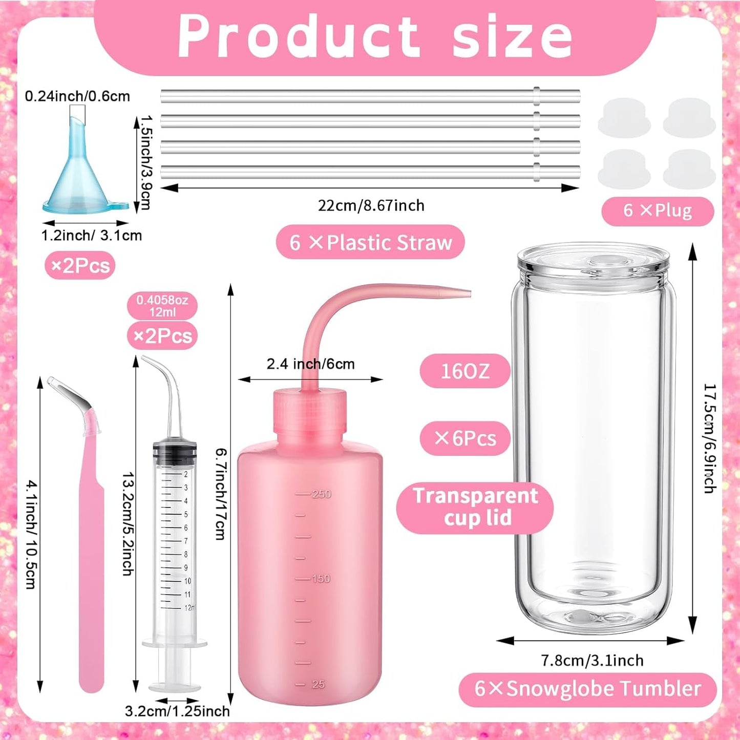 Meanplan 6 Pack DIY Plastic Snow Globe Tumbler Supplies Kit 16Oz Pre Drilled Double Wall Clear Cup 20 Colors Glitter Squeeze Bottle Funnel Tweezer Bent Syringe UV Resin Flashlight Cup Holder Scraper