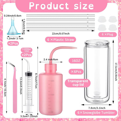Meanplan 6 Pack DIY Plastic Snow Globe Tumbler Supplies Kit 16Oz Pre Drilled Double Wall Clear Cup 20 Colors Glitter Squeeze Bottle Funnel Tweezer Bent Syringe UV Resin Flashlight Cup Holder Scraper