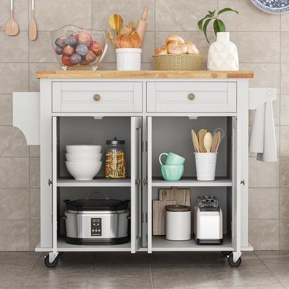 Rolling Kitchen Island, Kitchen Cart with Rubber Wood Countertop, Lockable Casters, Adjustable Shelves, Matte(White-43.3"X17.7"X32.5")