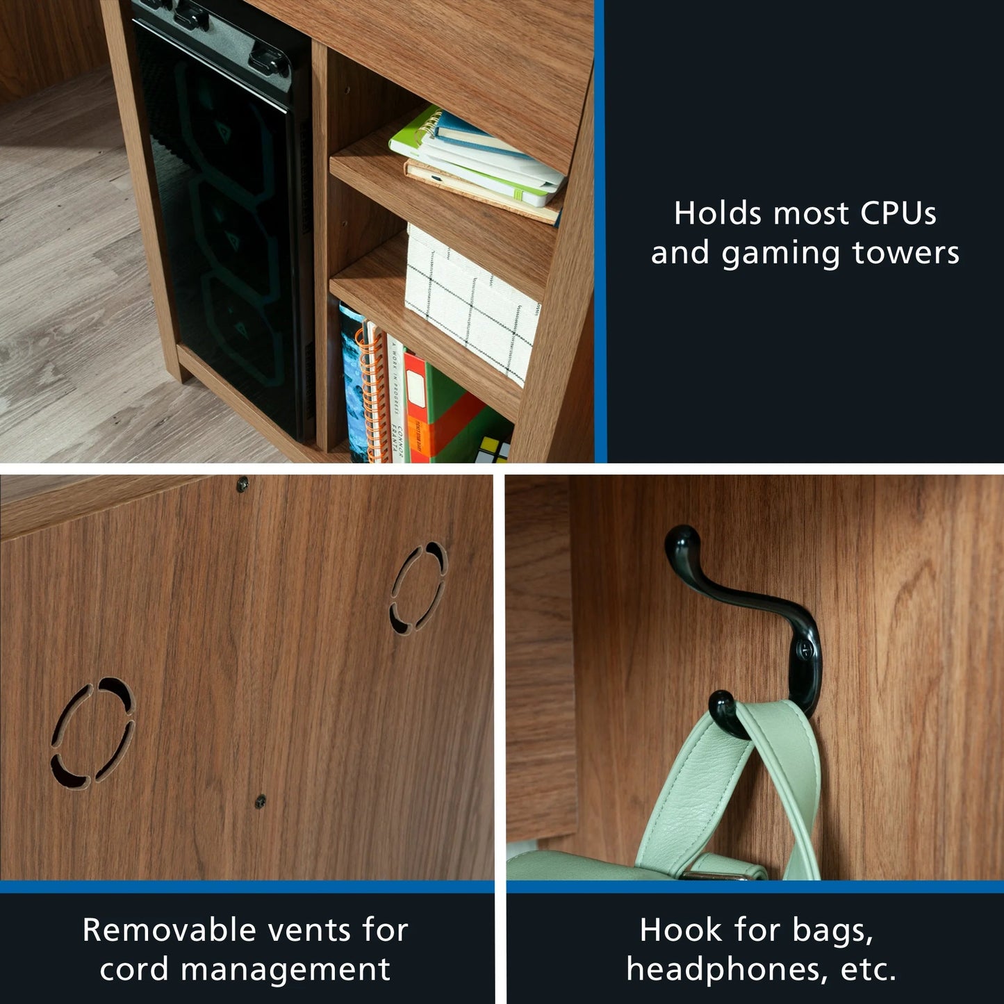 Westley Adjustable Shelf Desk with Gaming Headphone Hook and Cable Management, Warm Walnut Finish