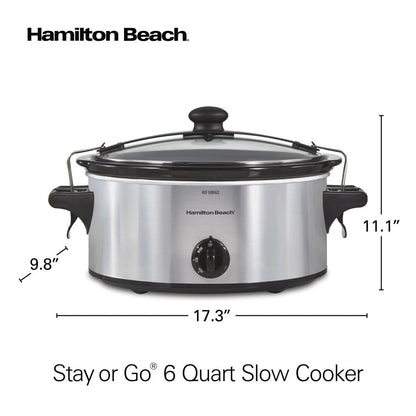 Stay or Go Slow Cooker, 6 Quart Capacity, Lid Lock, Serves 7+, Removable Crock, Silver, 33262