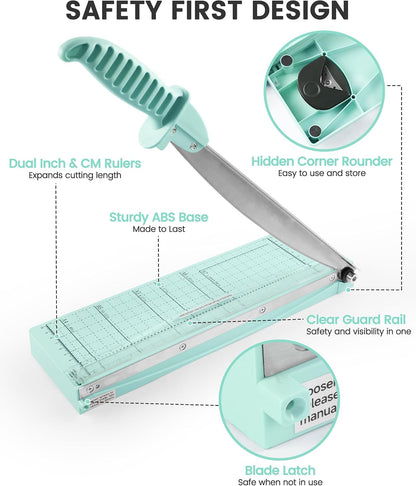 Paper Cutter 12 Inch, Guillotine Paper Cutter with 8 Sheet Capacity, Heavy Duty Paper Cutter for Cardstock, Paper Trimmer for Crafting, Classroom and Office, Green