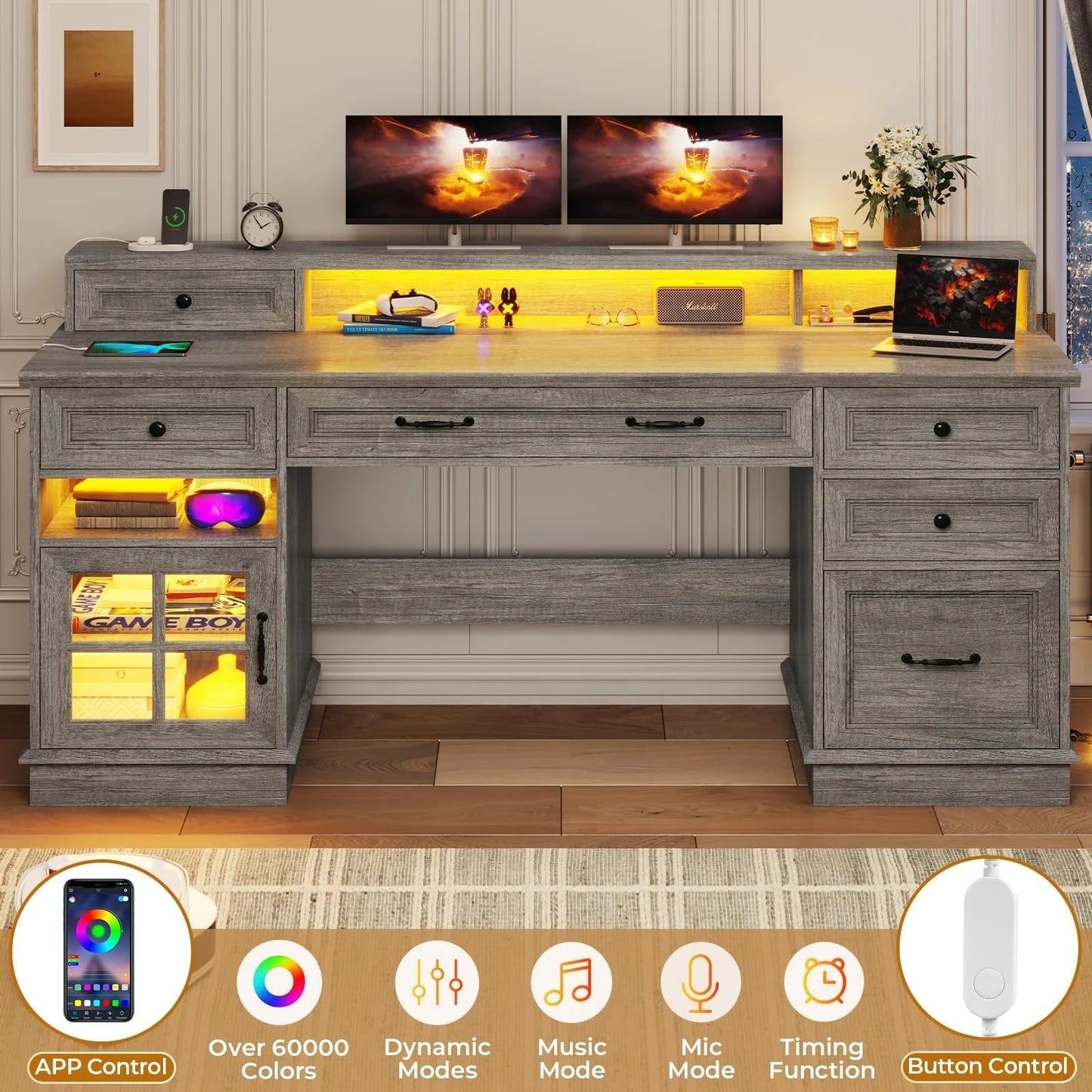 59" Computer Desk with 5 Drawers and Charging Station, Farmhouse Office Desk for Home Office, Gray