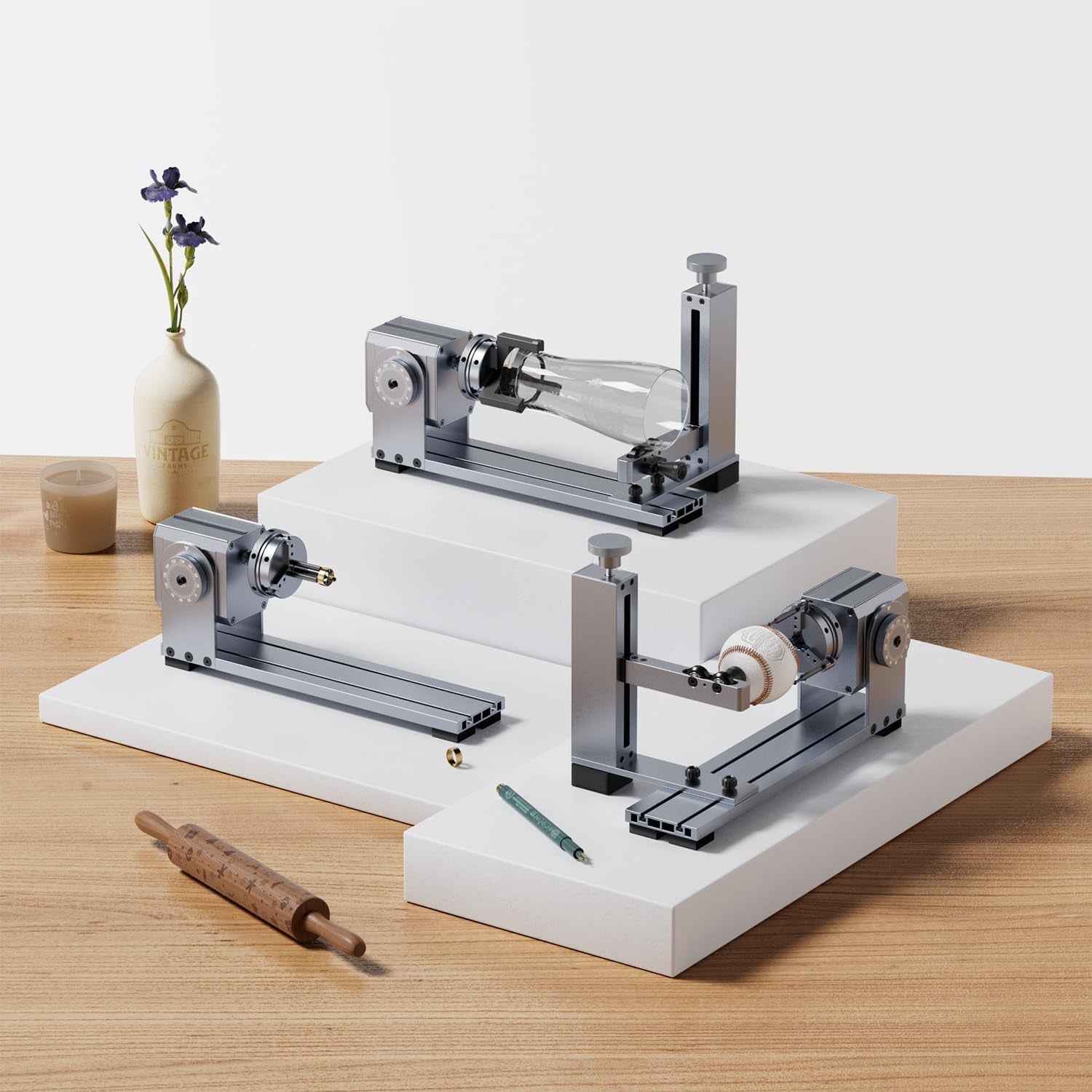 LONGER Rotary Extender (With Riser) Is Ideal for Engraving Cylindrical, Wine Glass, and Irregular Objects. Compatible with Nano, Nano Pro, Ray5, B1, and Most Other Laser Engravers.
