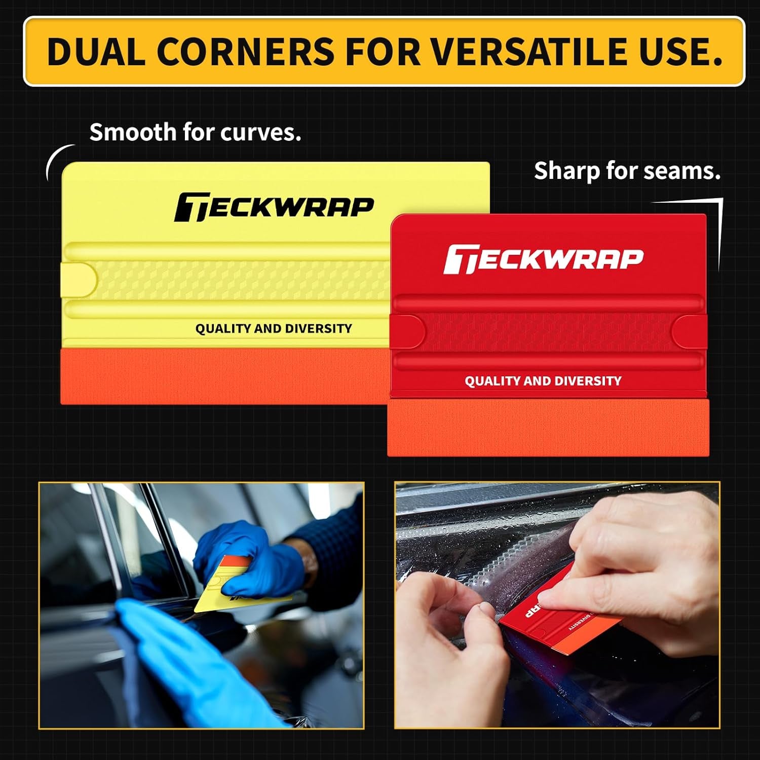 Felt Squeegee for Vinyl Wrap, 2 Hardness Options Vinyl Scraper Tool with Anti-Slip Twin Ribs & Dual-Corner Design for PPF, Tint & Decals (Yellow 40A / Red 60A)