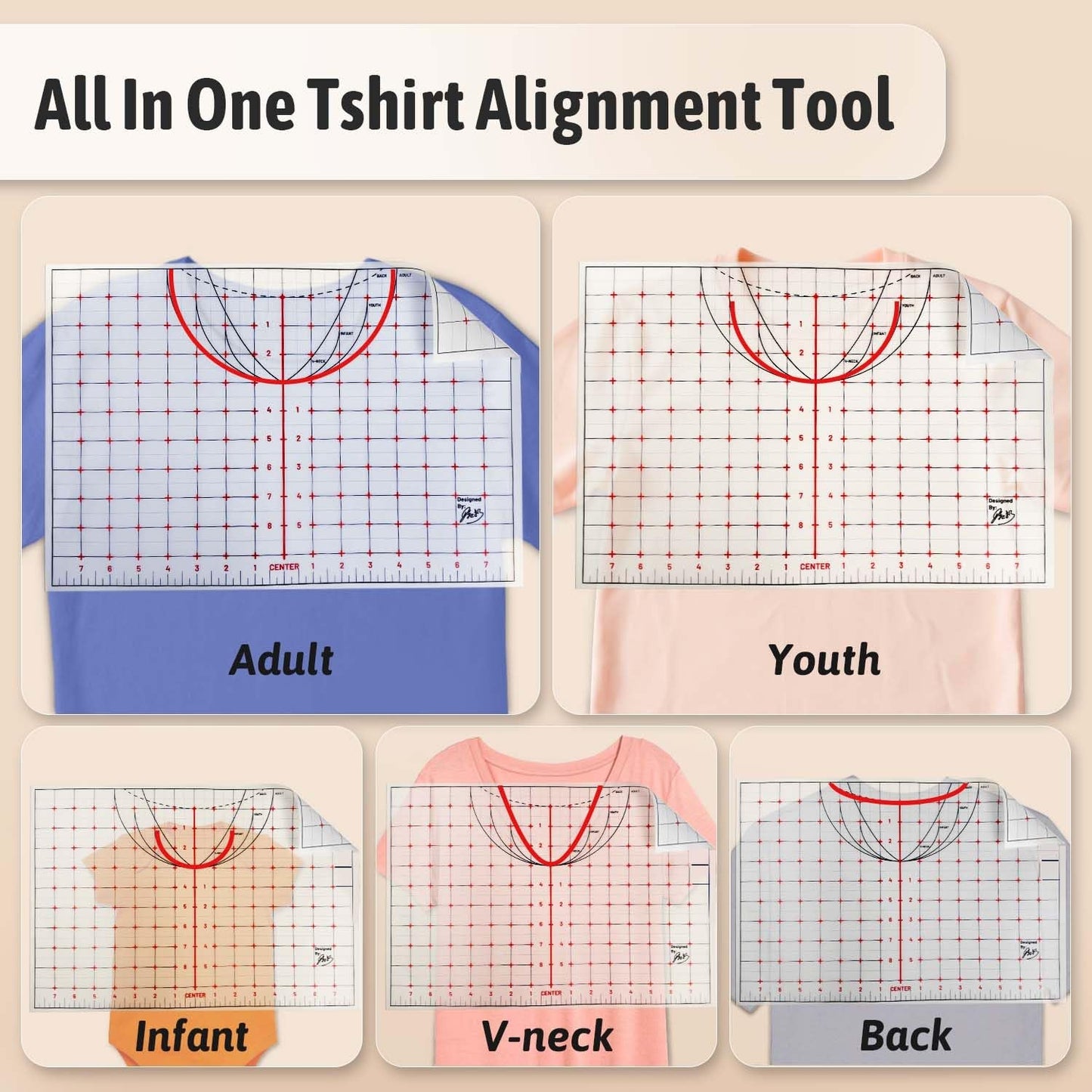 Transourdream 8-Pack 16'' Large Cuttable Heat Press Tshirt Ruler Guide, Reusable Direct Heat Resistant Paper, Special/V-Neck/Round Vinyl Centering Tool, S-5XL Adult Youth Infant Alignment Ruler