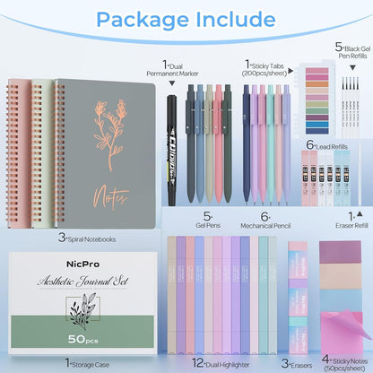 Nicpro 50PCS Cute Spiral Notebook Stationary Set for Women, Bible Journal Set, 3PCS A5 Spiral Notebook, Gel Pens, Sticky Notes & Tabs, Gift Box, Mechanical Pencils for Study Aesthetic School Supplies