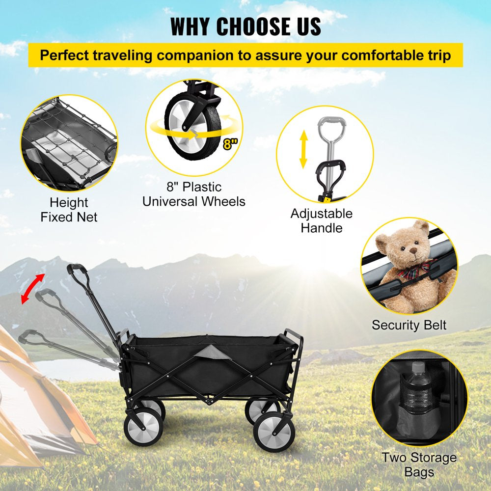 brand Collapsible Wagon Cart ,Folding Wagon Cart , 176 Lbs Load Beach Wagon Oversized Wheels, Portable Folding Wagon Adjustable Handles for Beach, Garden, Sports, Camping, Black & Gray