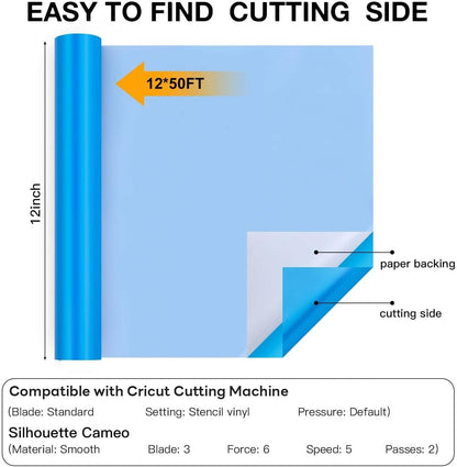 Stencil Permanent Adhesive Vinyl - 12” X 50 FT Light Blue Adhesive Stencil Vinyl Compatible with Cricut Cutting Machine & Silhouette Machine