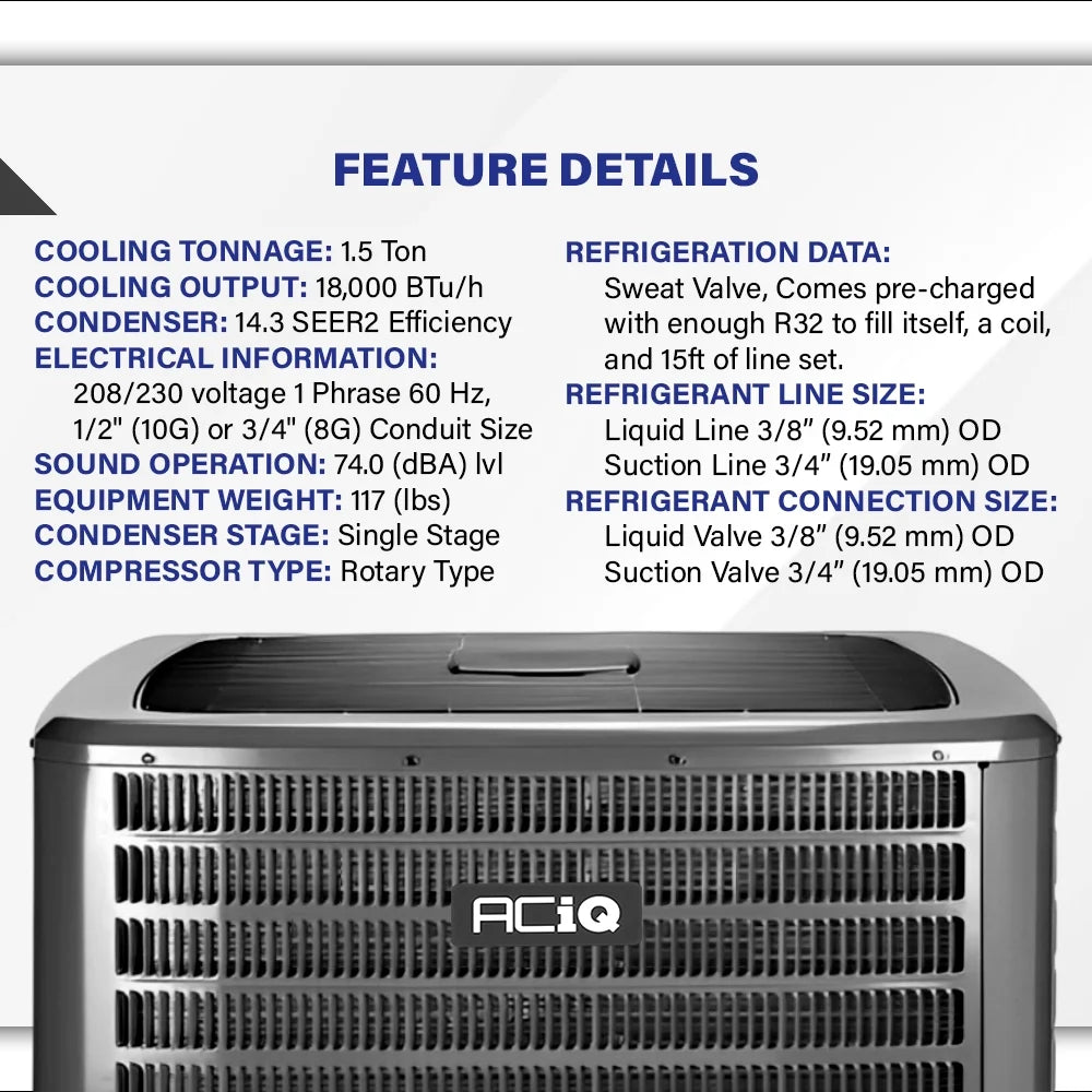 Condenser AC Unit 14.3 SEER2 1-Ton 18,000 BTU | Rotary Single Stage Room Air Conditioners | Environmentally Conscious R32-Compatible Refrigerant