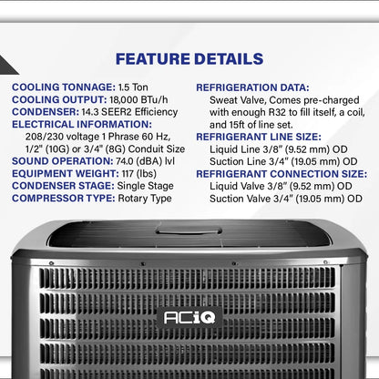 Condenser AC Unit 14.3 SEER2 1-Ton 18,000 BTU | Rotary Single Stage Room Air Conditioners | Environmentally Conscious R32-Compatible Refrigerant