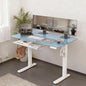 Glass Standing Desk with Drawers, 55 Inch Adjustable Height Stand up Desk, Glass Top Sit to Stand Study Desk,Electric Computer Standing Desk with Storage, Morandi Blue