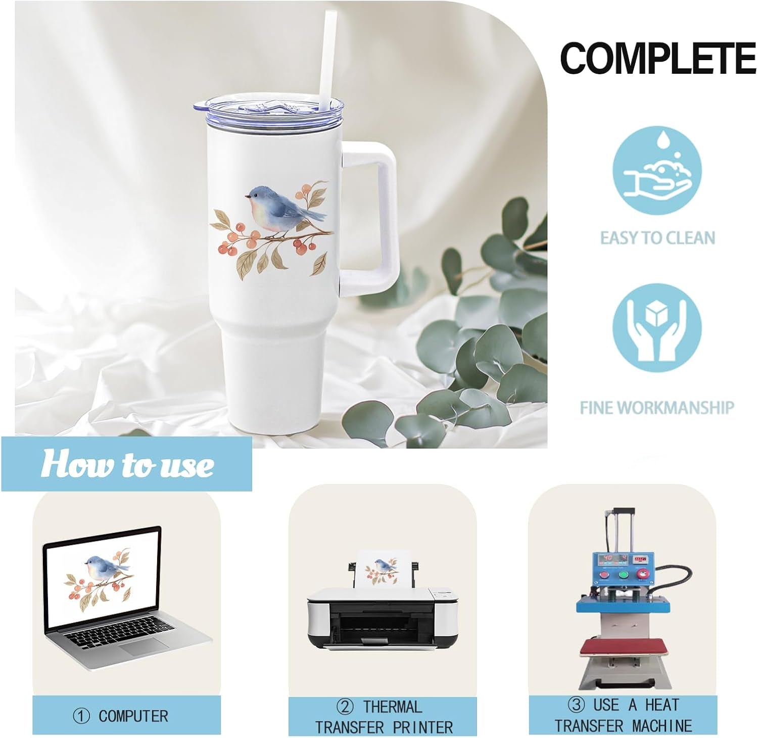 8 Pack Sublimation Tumblers 40Oz with Handle Blanks Stainless Steel Insulated Large Tumbler Bulk Coffee Travel Cups for Tumbler Heat Press Sublimation Oven Printing, White