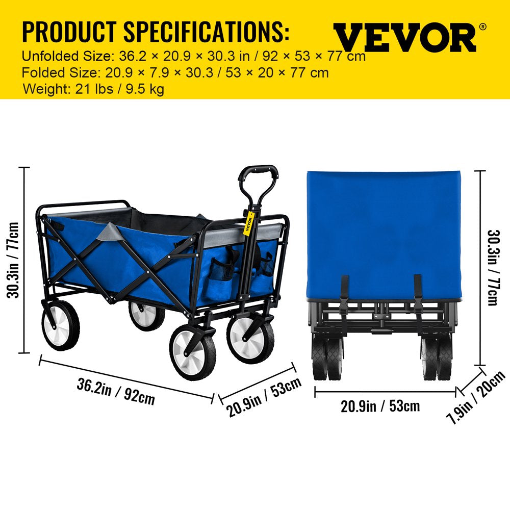 brand Collapsible Wagon Cart ,Folding Wagon Cart , 176 Lbs Load Beach Wagon Oversized Wheels, Portable Folding Wagon Adjustable Handles for Beach, Garden, Sports, Camping,Blue & Gray