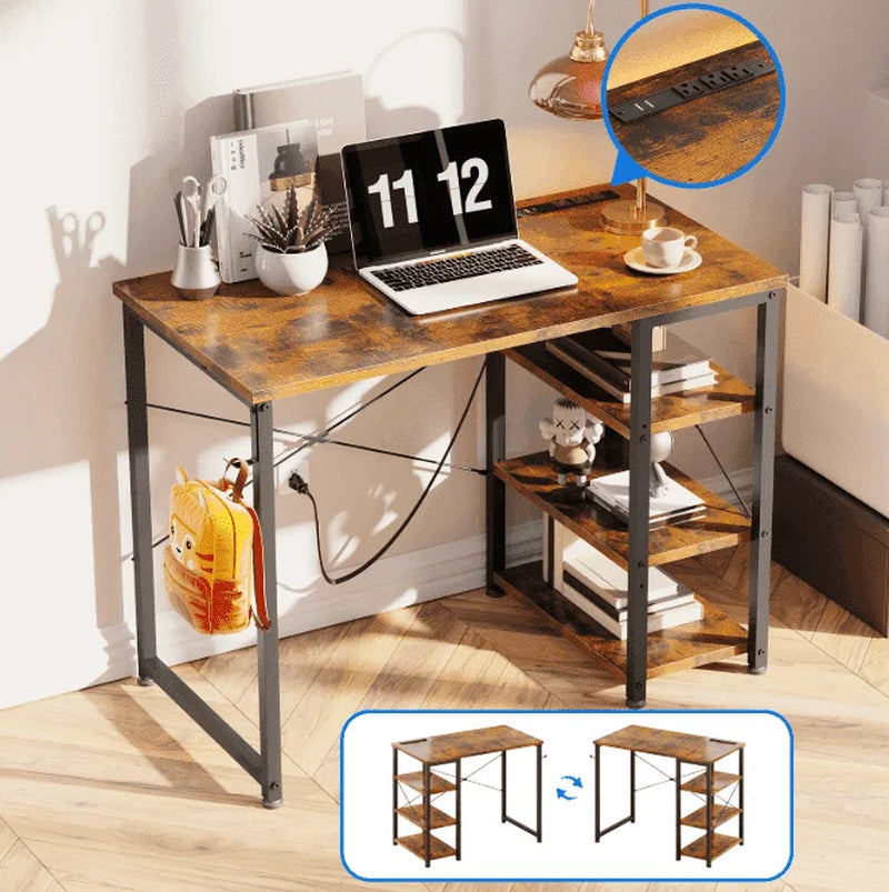 32 Inch Computer Desk with 3 Tier Shelves for Small Space, Small Table with Power Outlets, Vintage