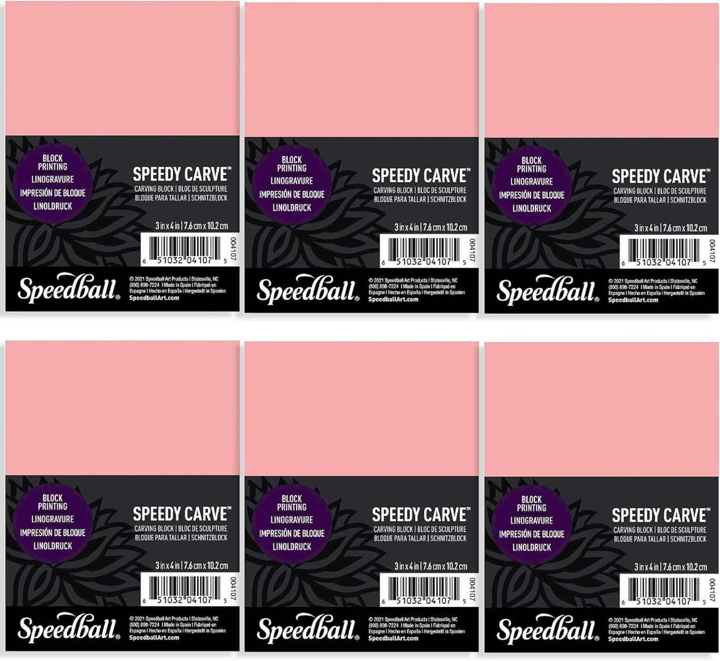 Speedball 3 In. X 4 In. Speedy-Carve Linocut Block (6-Pack) - Premium Pink Rubber Linoleum Carving Blocks for Printmaking, Printing, and Stamp Making